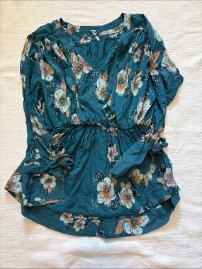Free People Teal Floral Faux-Wrap Blouse
